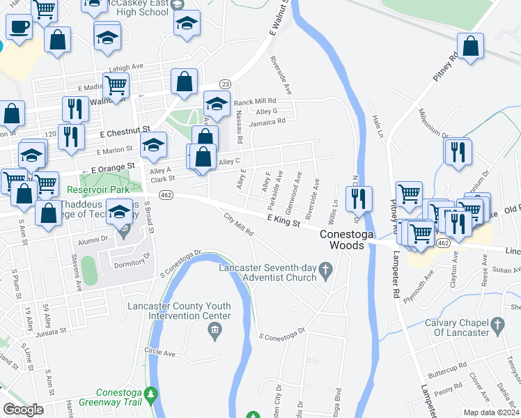 map of restaurants, bars, coffee shops, grocery stores, and more near 1115 East King Street in Lancaster