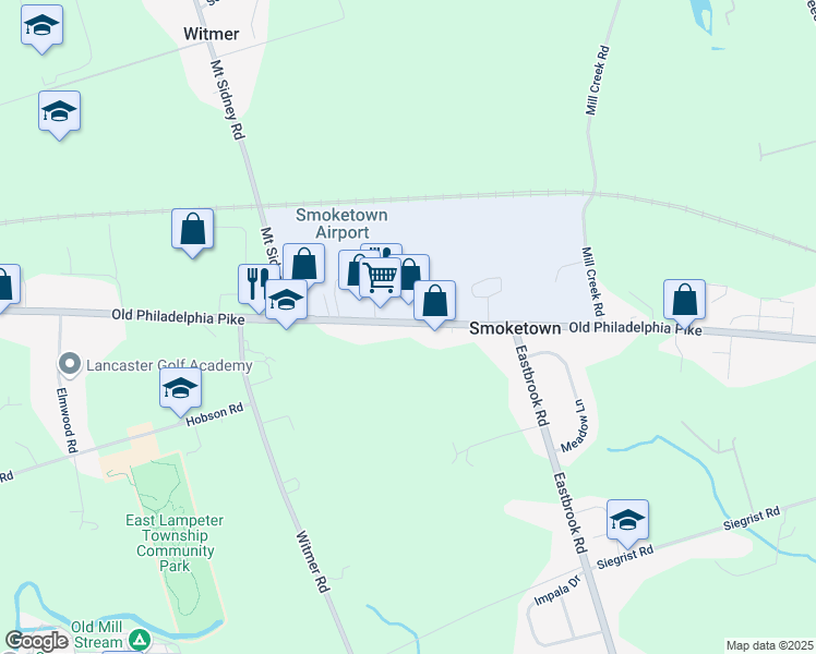 map of restaurants, bars, coffee shops, grocery stores, and more near 2466 Old Philadelphia Pike in Lancaster