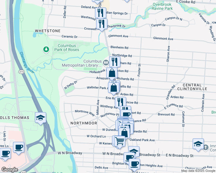 map of restaurants, bars, coffee shops, grocery stores, and more near 40 Webster Park Avenue in Columbus