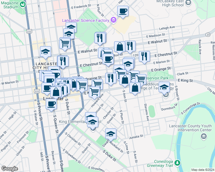 map of restaurants, bars, coffee shops, grocery stores, and more near 14 North Plum Street in Lancaster
