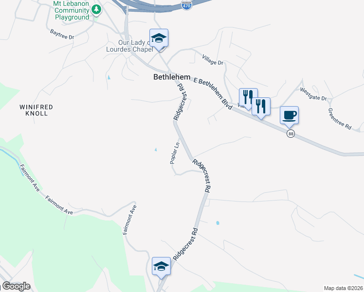 map of restaurants, bars, coffee shops, grocery stores, and more near 68-76 Ridgecrest Road in Bethlehem