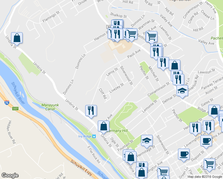 map of restaurants, bars, coffee shops, grocery stores, and more near 6944 Manti Street in Philadelphia