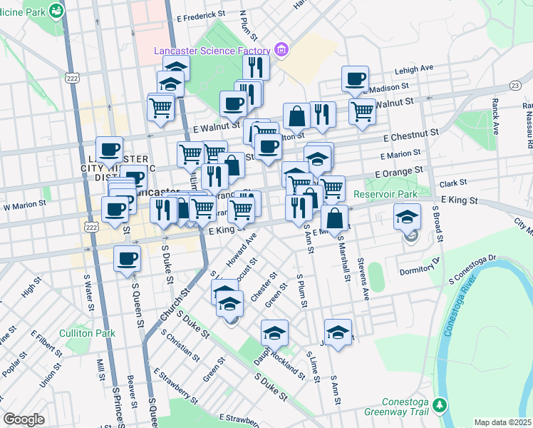map of restaurants, bars, coffee shops, grocery stores, and more near 14 North Plum Street in Lancaster