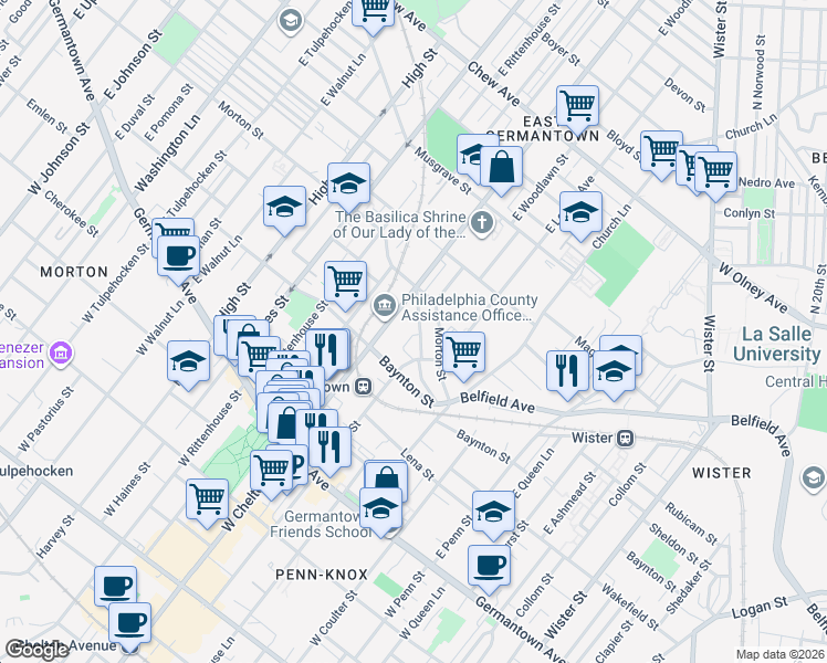 map of restaurants, bars, coffee shops, grocery stores, and more near 5645 Heiskell Street in Philadelphia