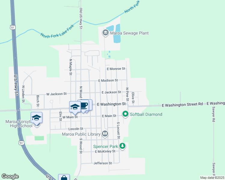 map of restaurants, bars, coffee shops, grocery stores, and more near 415 East Jackson Street in Maroa