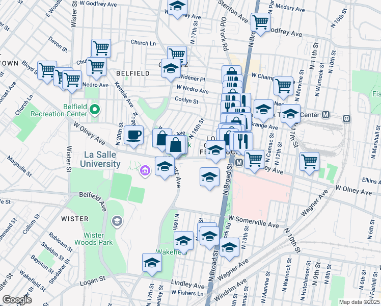 map of restaurants, bars, coffee shops, grocery stores, and more near 5607 North 16th Street in Philadelphia