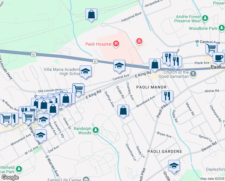 map of restaurants, bars, coffee shops, grocery stores, and more near 300 Penns Lane in Malvern