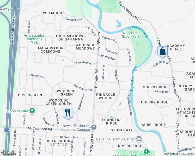 map of restaurants, bars, coffee shops, grocery stores, and more near 790 North Stygler Road in Gahanna