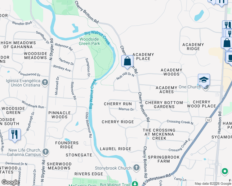 map of restaurants, bars, coffee shops, grocery stores, and more near 145 Nob Hill Drive West in Gahanna
