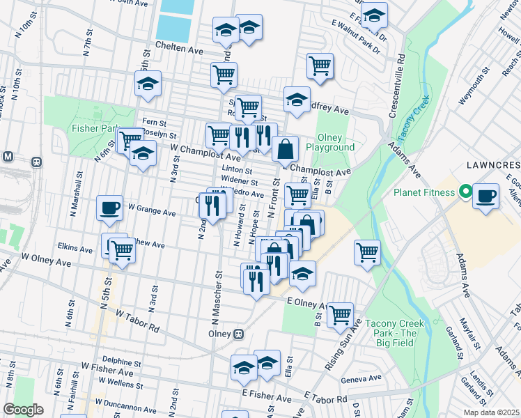map of restaurants, bars, coffee shops, grocery stores, and more near 5839 North Hope Street in Philadelphia