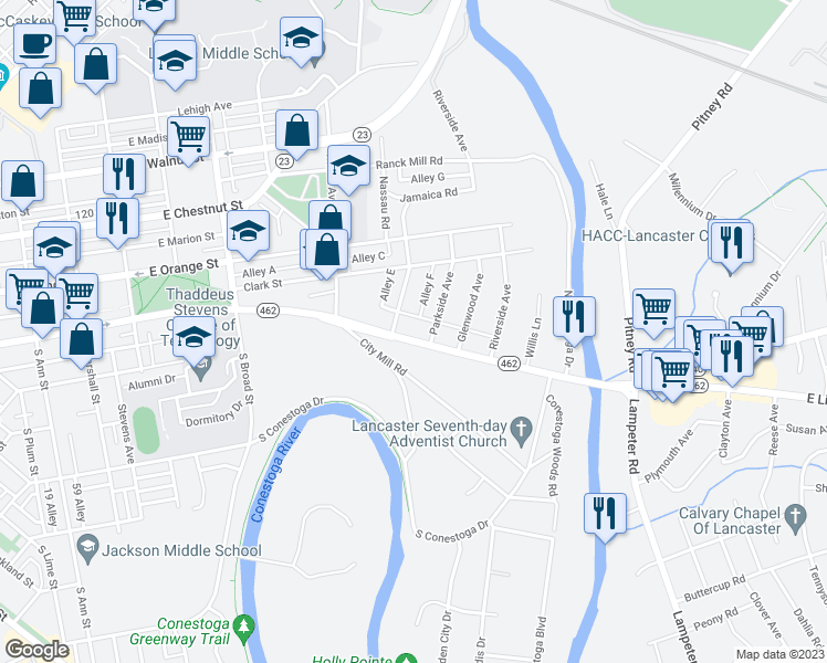 map of restaurants, bars, coffee shops, grocery stores, and more near 1113 East King Street in Lancaster