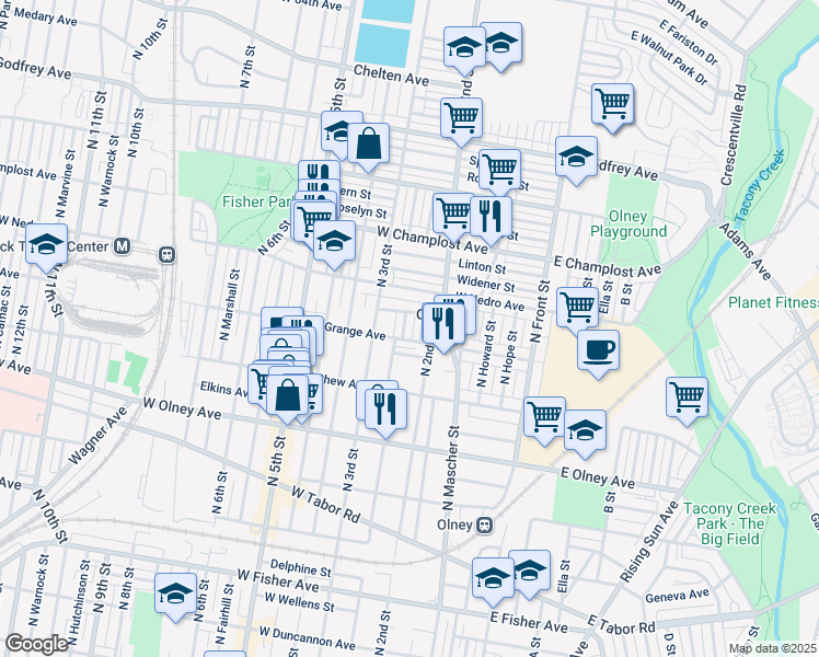 map of restaurants, bars, coffee shops, grocery stores, and more near 5813 North American Street in Philadelphia