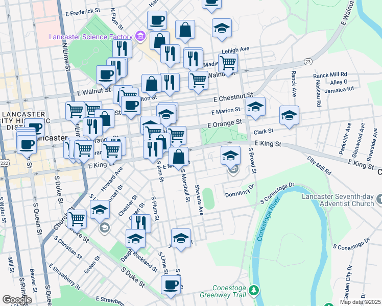 map of restaurants, bars, coffee shops, grocery stores, and more near 624 East King Street in Lancaster