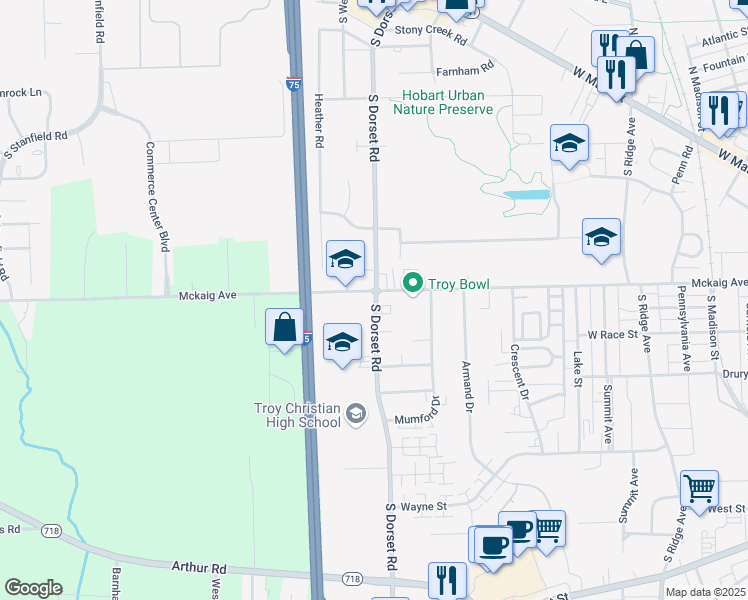 map of restaurants, bars, coffee shops, grocery stores, and more near 318 South Dorset Road in Troy