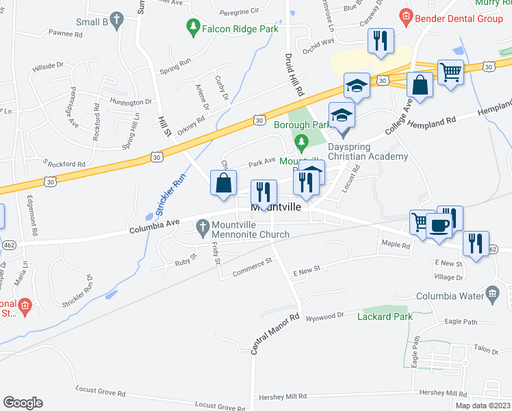map of restaurants, bars, coffee shops, grocery stores, and more near 27 West Main Street in Mountville