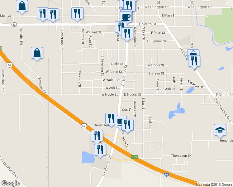map of restaurants, bars, coffee shops, grocery stores, and more near 212 West Noble Street in Lebanon