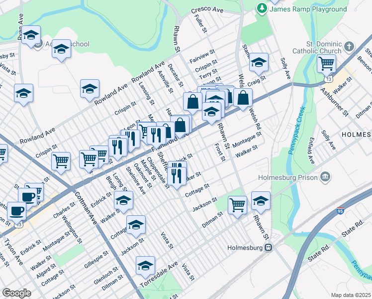 map of restaurants, bars, coffee shops, grocery stores, and more near 4023 Lansing Street in Philadelphia