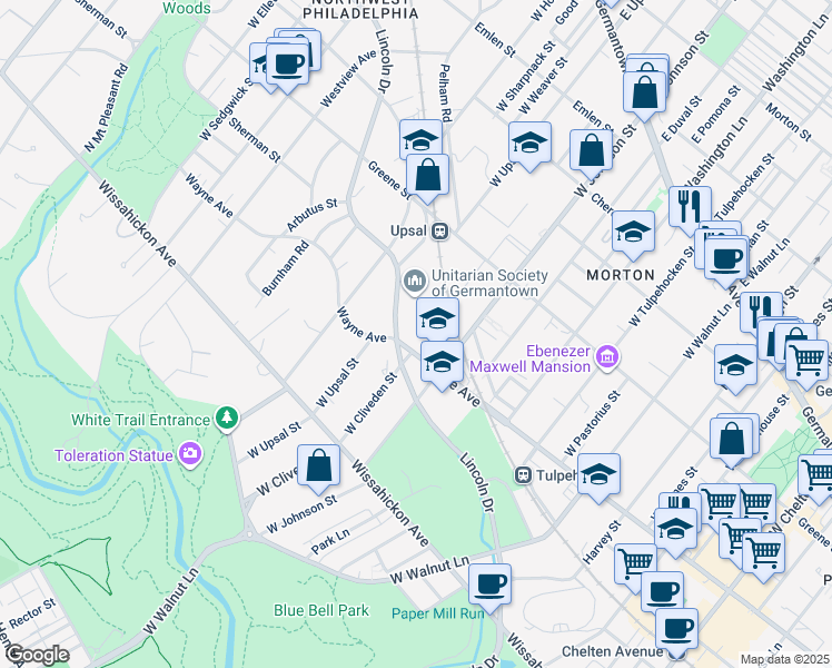 map of restaurants, bars, coffee shops, grocery stores, and more near 6429 Wayne Avenue in Philadelphia