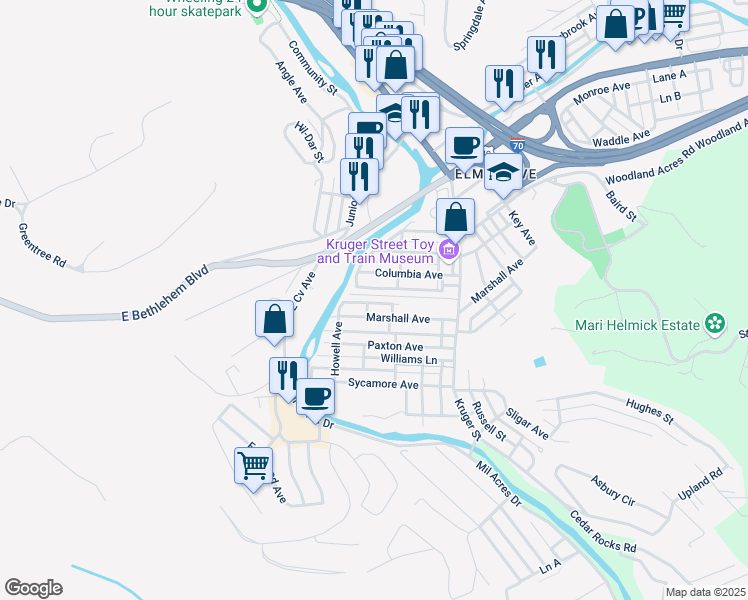 map of restaurants, bars, coffee shops, grocery stores, and more near 22 Austin Avenue in Wheeling