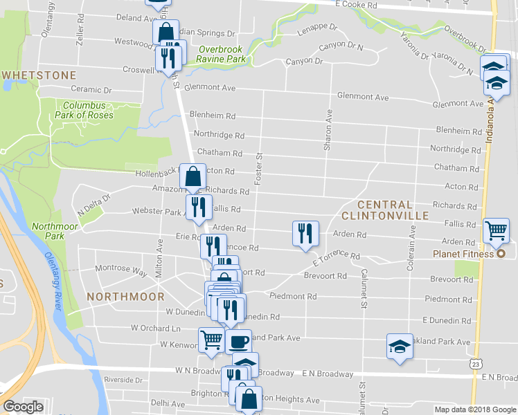 map of restaurants, bars, coffee shops, grocery stores, and more near 116 Fallis Road in Columbus