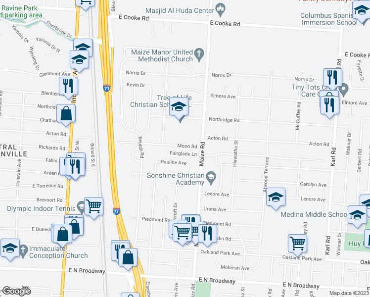 map of restaurants, bars, coffee shops, grocery stores, and more near 939 Moon Road in Columbus