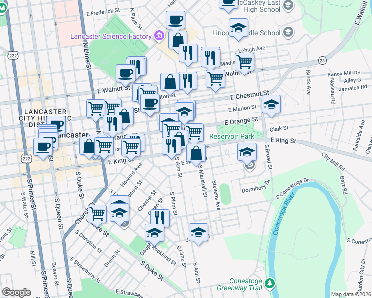 map of restaurants, bars, coffee shops, grocery stores, and more near 515 East King Street in Lancaster