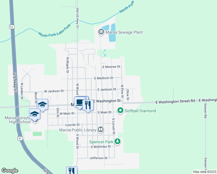 map of restaurants, bars, coffee shops, grocery stores, and more near 415 East Jackson Street in Maroa