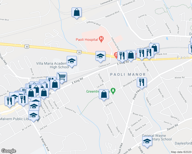 map of restaurants, bars, coffee shops, grocery stores, and more near 209 Penns Lane in Malvern