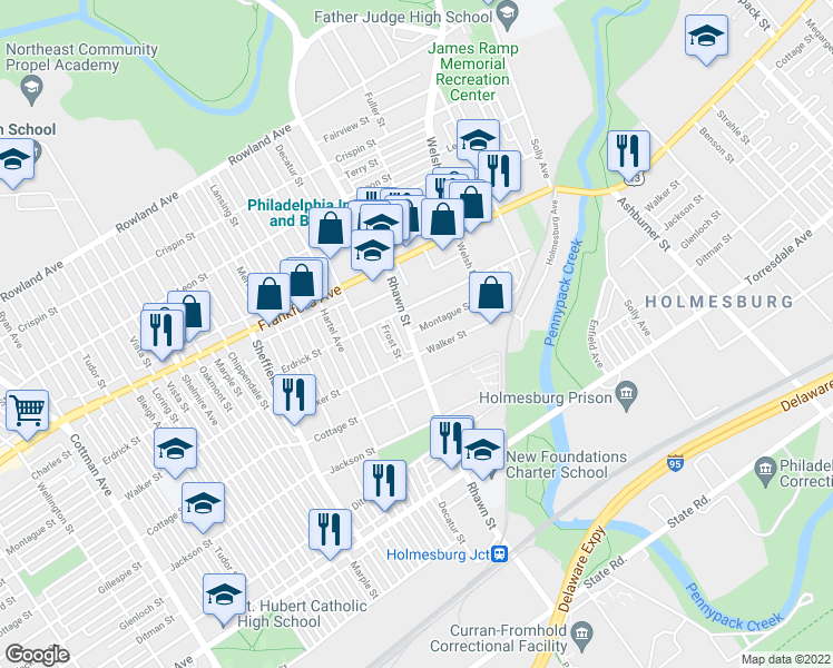 map of restaurants, bars, coffee shops, grocery stores, and more near 4223 Rhawn Street in Philadelphia