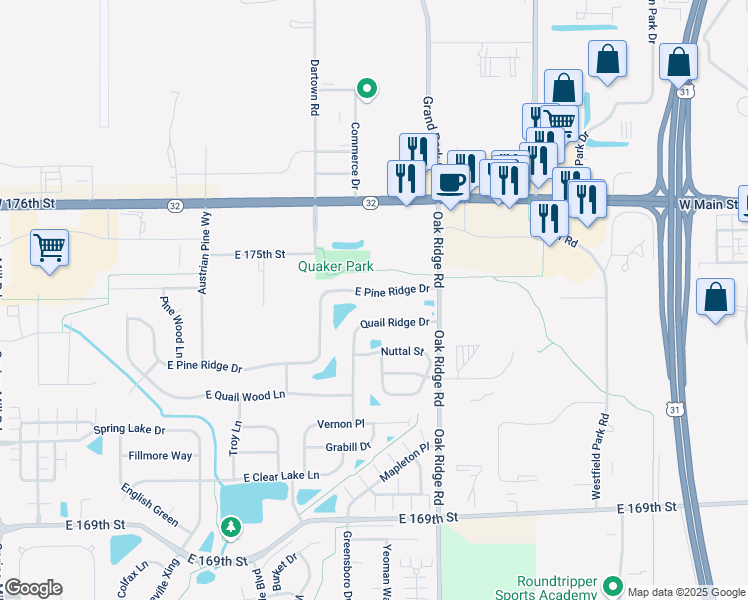 map of restaurants, bars, coffee shops, grocery stores, and more near 517 Pine Ridge Drive in Westfield