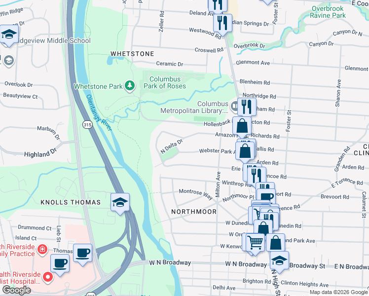 map of restaurants, bars, coffee shops, grocery stores, and more near 200 Webster Park Avenue in Columbus