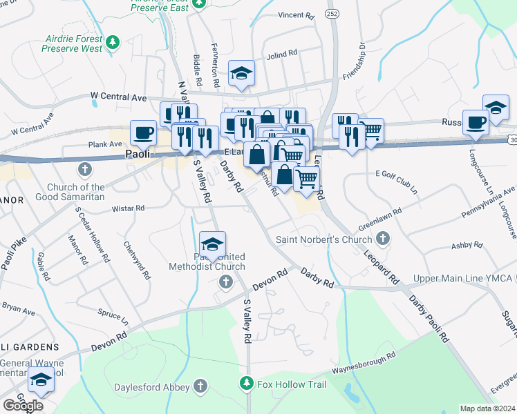 map of restaurants, bars, coffee shops, grocery stores, and more near 113 Woodgate Lane in Paoli