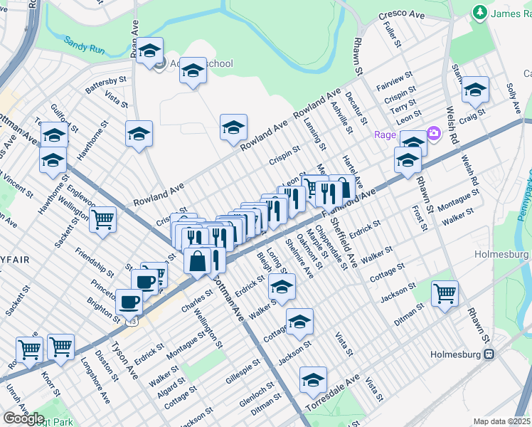 map of restaurants, bars, coffee shops, grocery stores, and more near 3524 Shelmire Avenue in Philadelphia