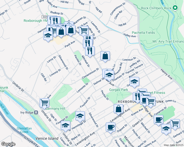 map of restaurants, bars, coffee shops, grocery stores, and more near 455 Cinnaminson Street in Philadelphia