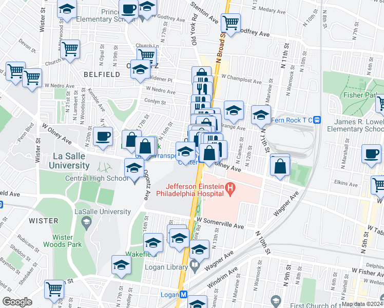 map of restaurants, bars, coffee shops, grocery stores, and more near 1423 West Olney Avenue in Philadelphia