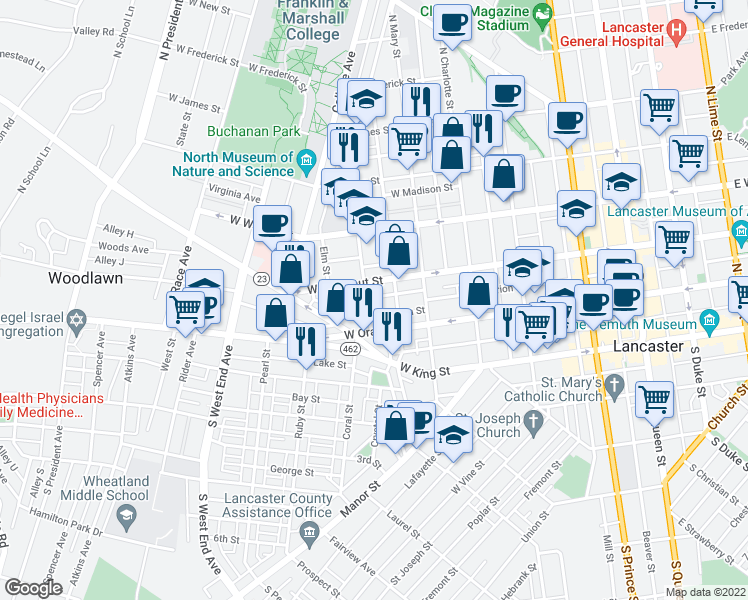 map of restaurants, bars, coffee shops, grocery stores, and more near 137 Nevin Street in Lancaster