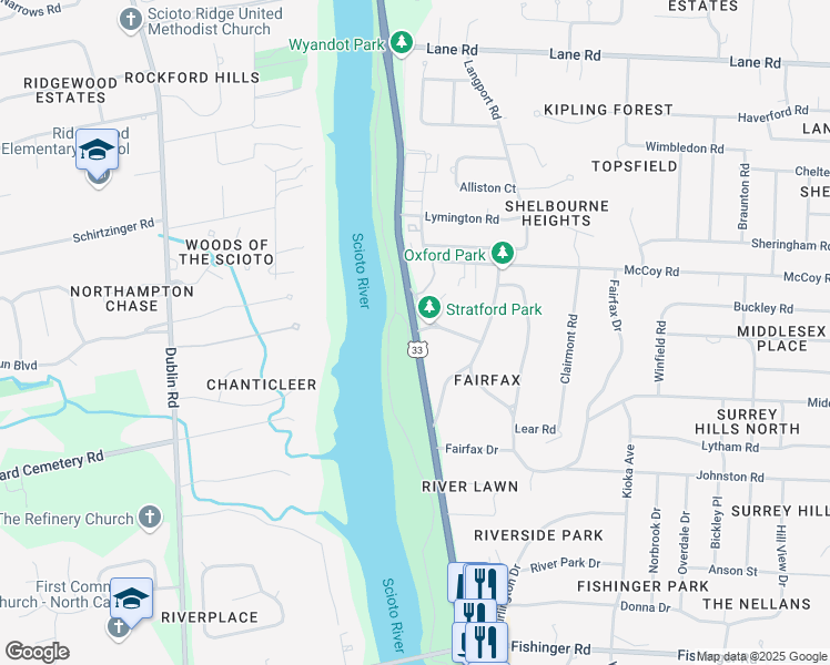 map of restaurants, bars, coffee shops, grocery stores, and more near Riverside Drive in Upper Arlington