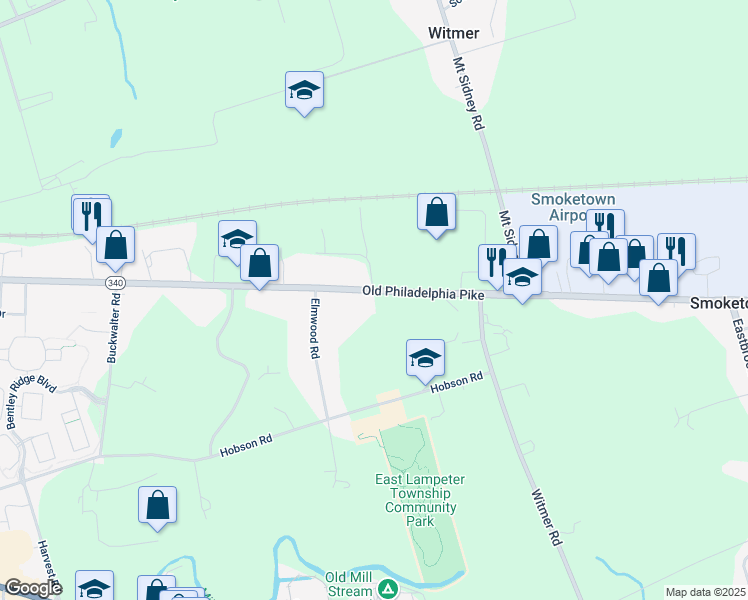 map of restaurants, bars, coffee shops, grocery stores, and more near 2324 Old Philadelphia Pike in Lancaster