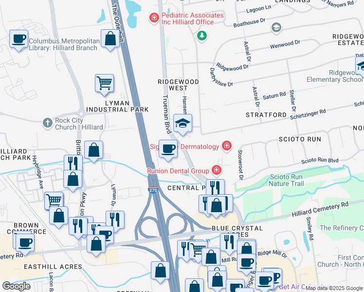 map of restaurants, bars, coffee shops, grocery stores, and more near 4400 Trueman Boulevard in Hilliard