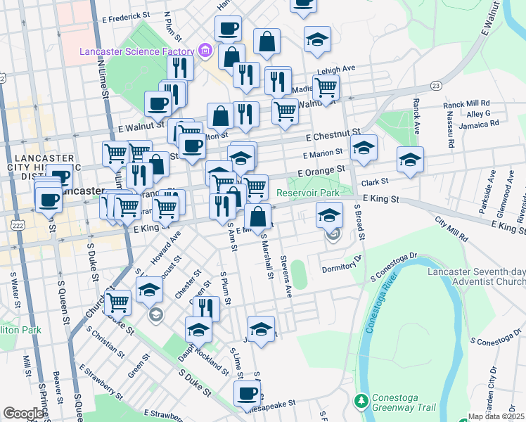 map of restaurants, bars, coffee shops, grocery stores, and more near 603 East King Street in Lancaster