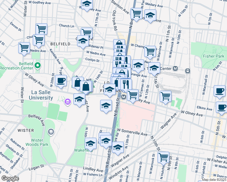 map of restaurants, bars, coffee shops, grocery stores, and more near 1423 West Olney Avenue in Philadelphia