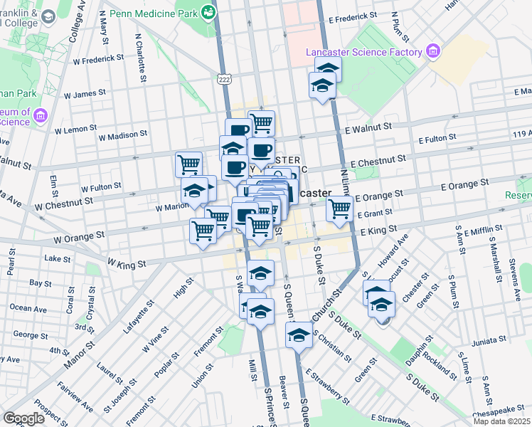 map of restaurants, bars, coffee shops, grocery stores, and more near 18 West Orange Street in Lancaster