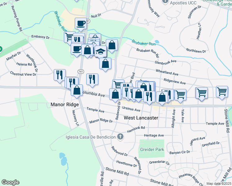 map of restaurants, bars, coffee shops, grocery stores, and more near 2015 Columbia Avenue in Lancaster