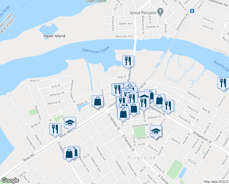 map of restaurants, bars, coffee shops, grocery stores, and more near 128 Madison Street in Riverside