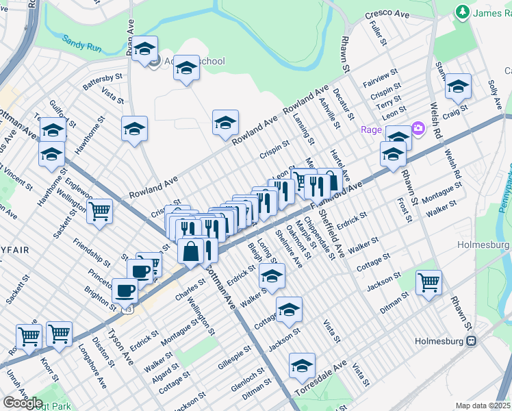 map of restaurants, bars, coffee shops, grocery stores, and more near 3524 Shelmire Avenue in Philadelphia