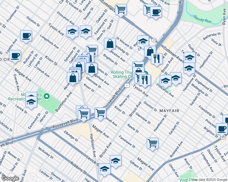 map of restaurants, bars, coffee shops, grocery stores, and more near 6838 East Roosevelt Boulevard in Philadelphia