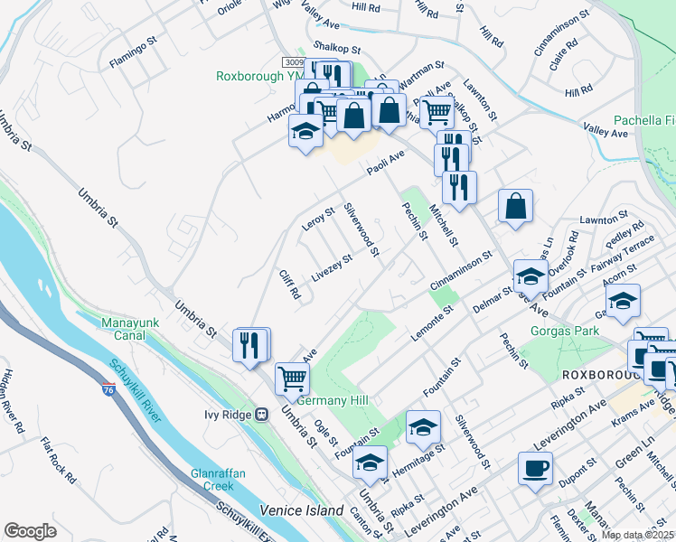 map of restaurants, bars, coffee shops, grocery stores, and more near 379 Livezey Street in Philadelphia