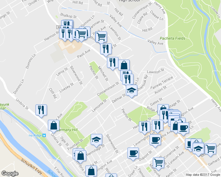 map of restaurants, bars, coffee shops, grocery stores, and more near 461 Cinnaminson Street in Philadelphia