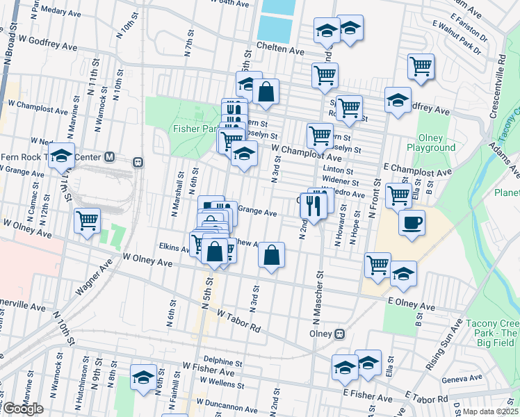 map of restaurants, bars, coffee shops, grocery stores, and more near 311 West Grange Avenue in Philadelphia