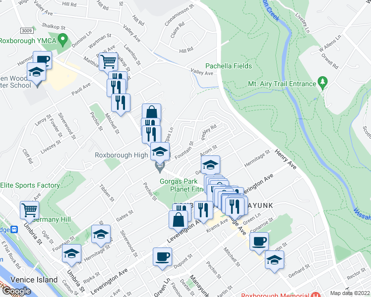 map of restaurants, bars, coffee shops, grocery stores, and more near 540 Fountain Street in Philadelphia